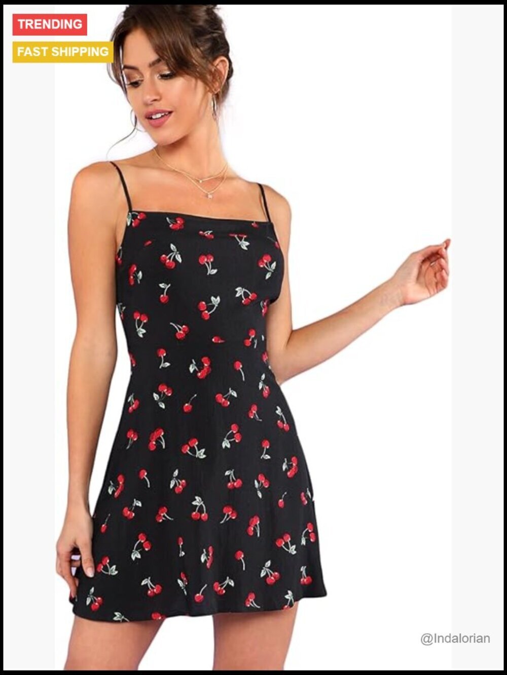 Women's Summer Floral Cherry Print A-Line Cami Mini Dress